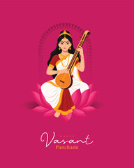 Obraz premium Happy Vasant Panchami Saraswati Puja Illustration With Goddess Saraswati Social Media Post , Web Banner, Print Design 