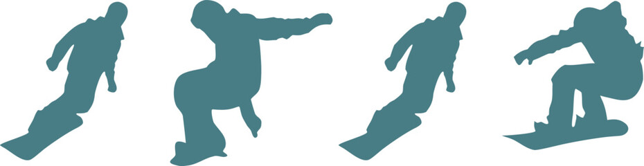 Obraz premium Skateboarder silhouette set showing dynamic tricks and motion poses in a clean flat style. Modern action sports illustration with minimal shapes and strong movement flow. Ideal for skate culture, post