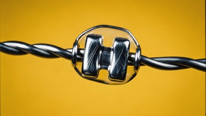 Close-up of a shiny metallic bracket securing a twisted wire against a vibrant yellow background, highlighting precision and connection.