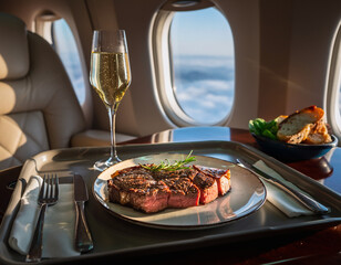 Business class passengers enjoy a luxurious meal of steak and champagne, reflecting high-end airline catering and first-class travel experience near an airplane window.