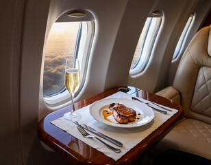 Business class passengers enjoy a luxurious meal of steak and champagne, reflecting high-end airline catering and first-class travel experience near an airplane window.