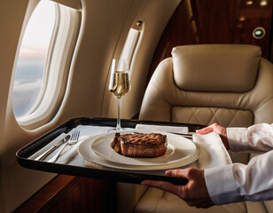 Business class passengers enjoy a luxurious meal of steak and champagne, reflecting high-end airline catering and first-class travel experience near an airplane window.