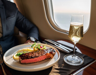 Business class passengers enjoy a luxurious meal of steak and champagne, reflecting high-end airline catering and first-class travel experience near an airplane window.