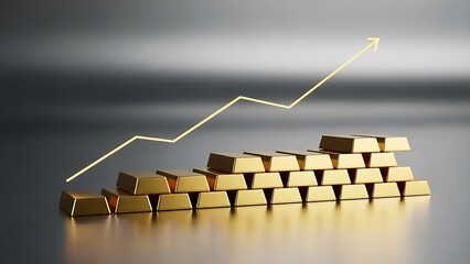 A stack of gold bars with an upward trending graph line in the background