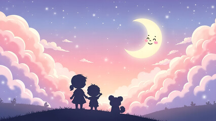 Cartoon children and dog looking at smiling moon in the sky