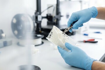 Hands hold a 3D printed object while using pliers in a workshop for design and modeling at a technology facility in the afternoon