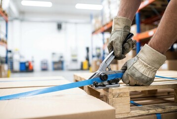 Worker secures cardboard boxes with strapping tool in warehouse during daytime for safe transport and storage