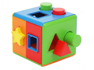 Colorful educational cube toy with shapes and buttons isolated on transparent background