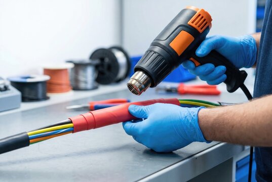 Person uses heat gun to shrink tubing on electrical wires in workshop setting during daytime with various tools around