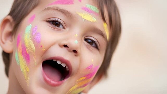 Joyful Child With Colorful Face Painted During Holi