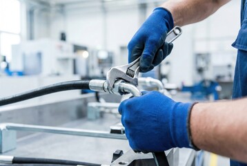 Worker repairs equipment in workshop using wrench during daytime, focused on tasks in industrial setting with tools nearby and machinery in background