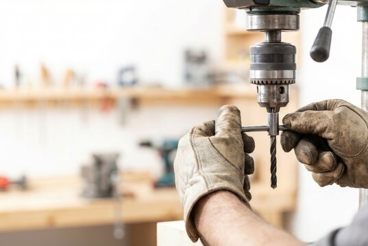 Workshop setup with a person using a drill press to create holes in wood during daylight hours in a tool-filled space - Powered by Adobe