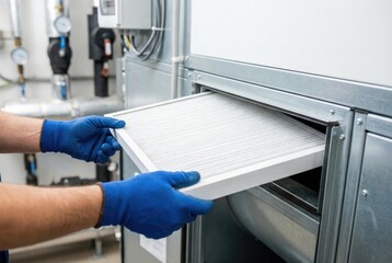Worker installs air filter in HVAC system at maintenance facility during routine service in early morning hours
