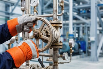 Worker adjusts valve in industrial facility during daylight hours while monitoring equipment in background