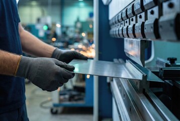Worker uses a metal bending machine in a factory to shape a metal sheet into the desired form for an industrial project