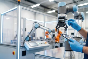 Workers using robotic arms in a modern factory setting during daytime to enhance production efficiency and automation