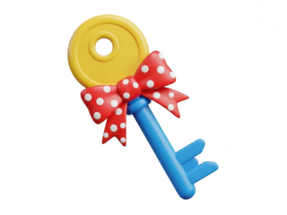 Colorful key with polka dot bow isolated on transparent background