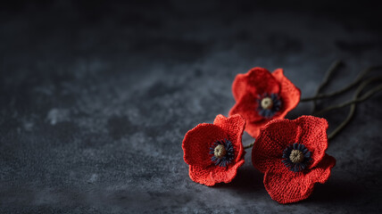 Red crocheted poppy flowers on a dark background with copy space. Remembrance Day, Anzac Day, Armistice Day symbol. Lest We Forget.	