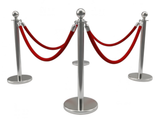 A polished metallic stanchion setup with red velvet ropes creating an elegant barrier isolated on transparent background