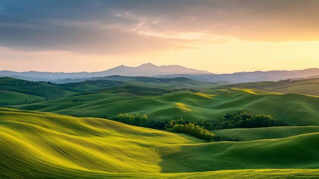 Panoramic view of rolling green hills at sunset with clouds in the sky over farmland.
