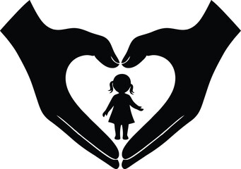 Caring hands heart silhouette with child protection icon for family charity support branding Vector illustration