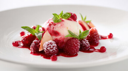 Elegant panna cotta dessert with raspberry sauce and fresh berries on white plate