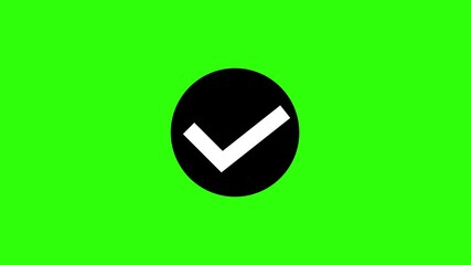 A simple featuring a bold white checkmark symbol inside a solid black circle, set against a vibrant, solid lime green background, representing confirmation or completion