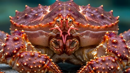 Macro Close-up of a Giant King Crab with Spiky Shell and Powerful Claws