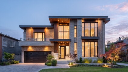 Fototapeta premium Modern Luxury House Exterior at Dusk with Warm Lighting