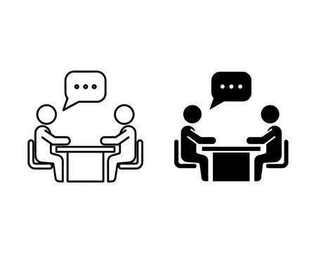 Two people sitting at a table with speech bubbles above their heads in black and white conversation