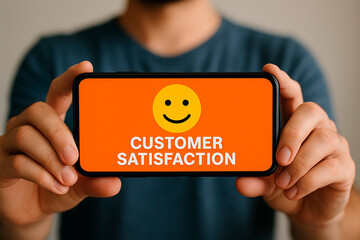 Person holding a smartphone horizontally with both hands. The screen displays a orange background, emphasizing the concept of customer satisfaction, positive feedback, and user experience.