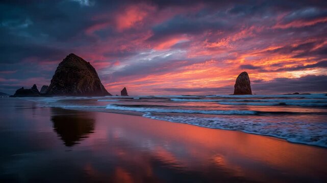 Ultra HD Dramatic sunset over haystack rock and sea stacks at cannon beach, oregon with vibrant sky reflections on wet sand and ocean video