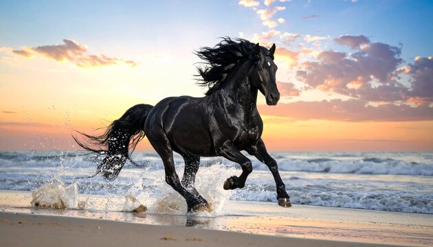 A majestic black Friesian stallion gallops dynamically through the shallow water of the sea at sunset. 