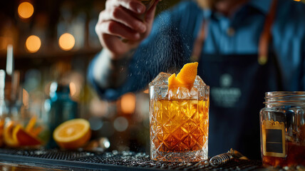 Bartender creates a refreshing cocktail with vibrant flavors and artistry