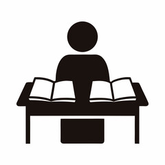 Fototapeta premium Student at a desk with books studying and learning, vector illustration