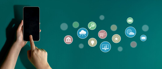 Set of business and digital service icons representing finance, cloud, analytics, email, communication, ecommerce, cybersecurity, and global connectivity in a modern ecosystem Latch