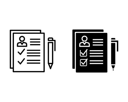 Two documents with checkmarks and a person next to a pencil on a white and black background person pencil