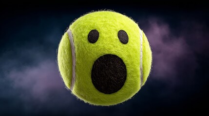 Happy tennis ball with a surprised expression, floating in the air, surrounded by vibrant neon colors and glowing shapes, creating a playful and whimsical atmosphere with copy space