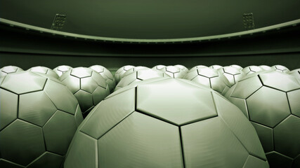 Soccer footballs filling stadium with floodlights. A sports concept minimal 3D graphics background, perfect for game scores, standings or news