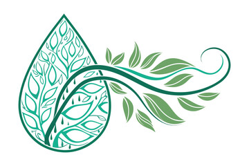 Green growth and water droplet emblem White background.