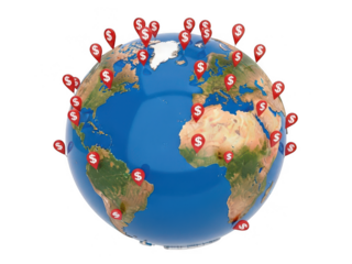 Global network of connected locations highlighted on earth globe isolated on transparent background