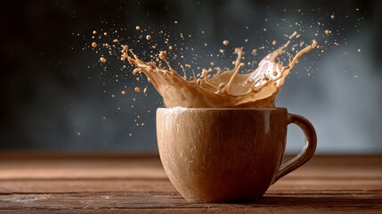 Coffee mug tipped over, creating a slow-motion splash of coffee droplets frozen mid-air, warm cinematic lighting enhancing the scene with a cozy atmosphere and inviting ambiance