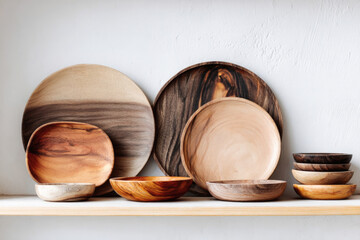 Collection of beautifully crafted wooden bowls and plates displayed on a shelf, showcasing natural textures and colors, perfect for kitchen decor and culinary presentation