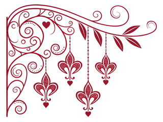 Decorative red scrollwork with hanging fleur-de-lis and hearts, vector