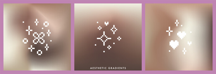 Brown and beige gradient background with 8 bit style pixel glitter sparkle element. Abstract blurry vector texture. Y2k aesthetic pattern. Square mocha gradient bg for poster, banner, social media