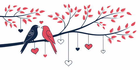 Two love birds on a branch with hearts, vector