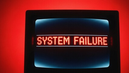 Retro computer monitor screen displaying a stark red pixelated "SYSTEM FAILURE" message, highlighting digital malfunctions and critical tech errors from an old era.