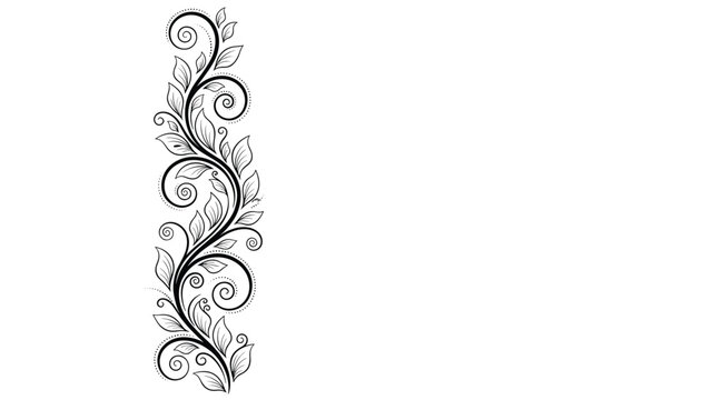 Elegant vertical scroll design featuring black and white vine patterns and stylized leaves on a clean white background for borders.