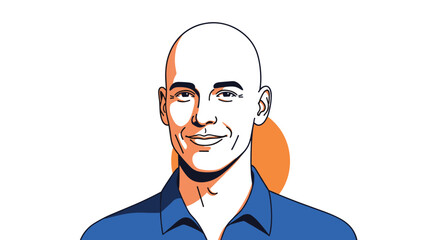 Clean portrait of a confident smiling bald man wearing a blue polo shirt against a white background with an orange circle.