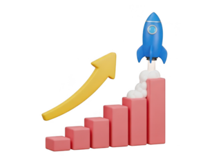 Rocket launching off a growing bar graph isolated on transparent background